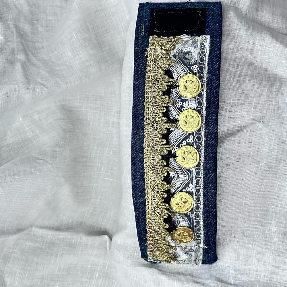 OOAK Upcycled Denim Gold Coin Charm Sequins Cuff Bracelet Boho Lined Signed - Picture 10 of 12